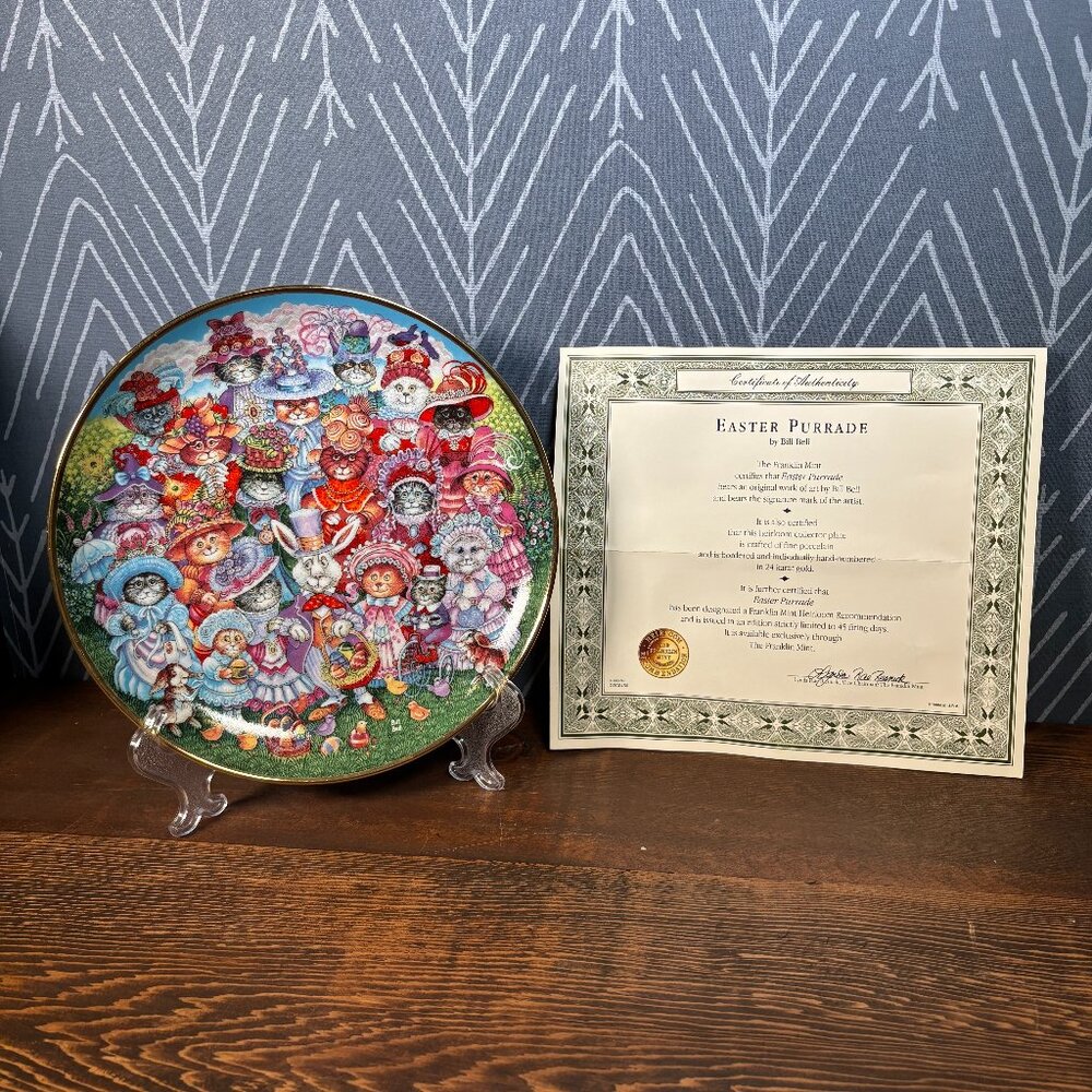 Bill Bell Easter Purrade Collectors Plate Porcelain with 24k Rim COA and Box